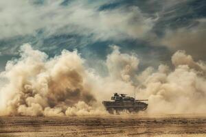 ai gerado militares blindado veículo dentro a deserto, poeira e fumaça por aí foto