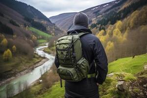 ai gerado ativo homem ao ar livre com mochila merda, espaço acessível para texto ou logotipo, Esportes atividade conceito foto