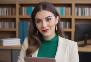 ai gerado solteiro mulher com profissional traje, com confiança olhando à frente. retrato dentro a escritório ambiente. foto