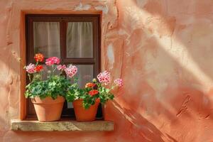 ai gerado pelargônio e gerânios dentro flor panelas em a peitoril da janela do uma rural casa lado de fora contra uma cor terracota muro. foto