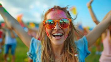 ai gerado retrato do feliz jovem mulher tendo Diversão às holi cor festival foto