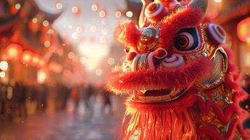 ai gerado Dragão dança, tradicional chinês fantasia, festivo Dragão movimentos através vibrante ruas, multidões torcendo, lanterna festival celebração, 3d renderizar, dourado hora, profundidade do campo bokeh efeito foto