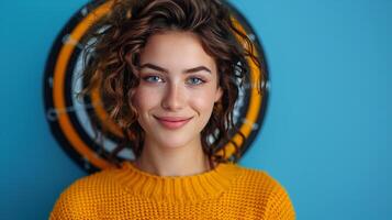 ai gerado mulher com azul olhos em pé dentro frente do alvo foto