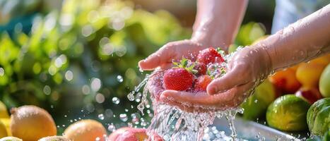 ai gerado uma mulher mãos lavando orgânico frutas e legumes com puro água. foto