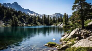 ai gerado uma tranquilo lago cercado de neve limitado montanhas e verde árvores foto