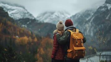 ai gerado ativo pensionista. Senior Viajantes dentro floresta em feriado. caminhada dentro montanhas foto