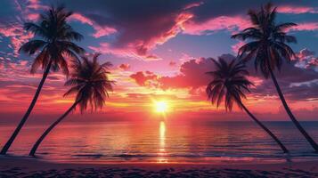 ai gerado deslumbrante pôr do sol sobre cravejado de palmeiras de praia foto