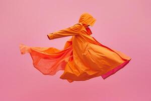 ai gerado uma cativante laranja casaco parece suspenso meio da dança, exalando ambos calor e estilo em meio a uma suave Rosa tela. foto