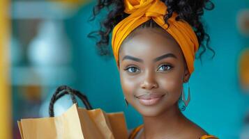 ai gerado mulher com amarelo arco de cabelo segurando compras bolsas foto