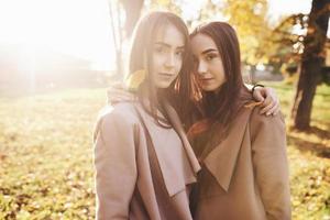 jovens gêmeas morenas muito próximas, viradas uma para a outra, de mãos dadas com folhas nos ombros, vestindo um casaco casual, tocando as cabeças no parque ensolarado de outono em fundo desfocado foto