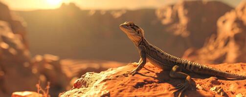 ai gerado ágil lagarto aquecendo-se, sóis caloroso abraçar, desertos jóia foto