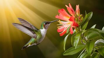 ai gerado rubi topázio crisolâmpada beija Flor debaixo escova de macaco flor, dourado luz solar foto