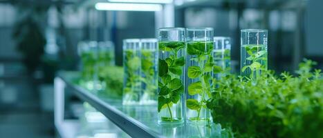 ai gerado uma verde biotecnologia pesquisa com plantar amostras dentro frascos dentro uma moderno laboratório estufa. foto