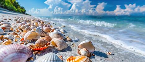 ai gerado a matriz do colorida conchas do mar espalhados em a costa do uma imaculado tropical de praia. foto