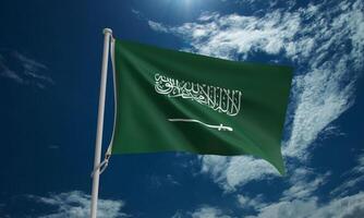 saudita arábia país internacional bandeira azul céu fundo nuvem branco bandeira objeto Freedon governo tudo no meio Oriental cultura islamismo reino riade eleição político identidade feriado opec.3d render foto