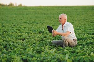 agricultor dentro arquivado segurando tábua dentro dele mãos e examinando soja corporação. foto