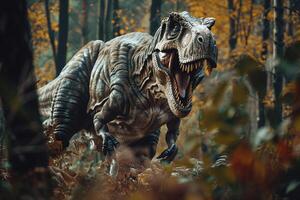ai gerado uma rugindo tiranossauro rex carrinhos ameaçadoramente dentro uma pré-histórico floresta foto