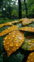 ai gerado lustroso encharcado de chuva folhas dentro uma floresta foto