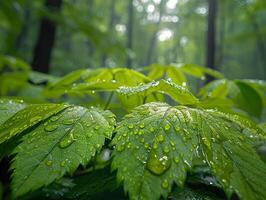 ai gerado lustroso encharcado de chuva folhas dentro uma floresta foto