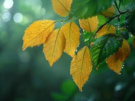 ai gerado lustroso encharcado de chuva folhas dentro uma floresta foto