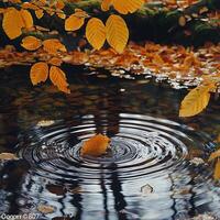 ai gerado ondulações em uma sereno lagoa superfície tocou de queda outono folhas foto