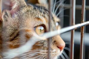 ai gerado fechar acima triste gato apanhado dentro jaula. generativo ai foto