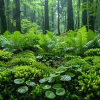 ai gerado fechar-se do musgo e samambaias dentro uma denso floresta foto