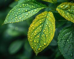 ai gerado fechar-se do pingos de chuva em uma vibrante verde folha foto