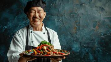 ai gerado sorridente meia idade chefe de cozinha segurando uma prato do tradicional sul coreano Comida foto