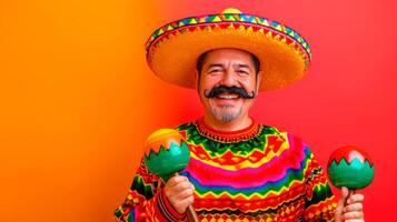 ai gerado feliz mexicano homem com uma bigode dentro uma tradicional traje vestindo uma sombrero e segurando maracás vibrante cor sólido fundo foto