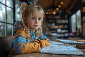 ai gerado uma pequeno menina sentado às uma mesa com uma livro foto