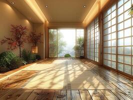 ai gerado tradicional japonês chá quarto com tatame pavimentos e shoji telas foto