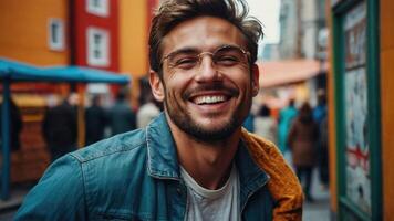 ai gerado uma homem com uma barba é sorridente e tendo Diversão dentro a cidade foto