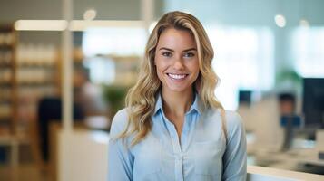 ai gerado retrato do sorridente empresária dentro a escritório fundo foto