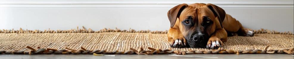 ai gerado fofa relaxado cachorro deitado em legal esteira dentro quente dia , branco parede fundo, verão aquecer. ai gerado foto