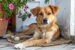 ai gerado fofa relaxado cachorro deitado em legal esteira dentro quente dia , branco parede fundo, verão aquecer. ai gerado foto