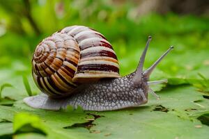 ai gerado ampla rastejando jardim Caracol com listrado concha, macro natureza foto