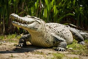 ai gerado ampla crocodilo se aquece debaixo sol, Misturando para dentro natural arredores foto