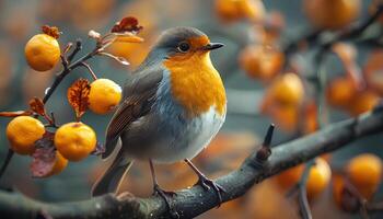 ai gerado robin em uma ramo. fechar-se do pássaro em ramo. lindo pássaro em pé em uma ramo foto