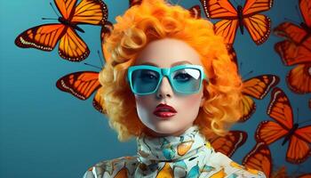 ai gerado uma jovem mulher dentro oculos de sol contra uma fundo do brilhante borboletas. moda conceito. foto