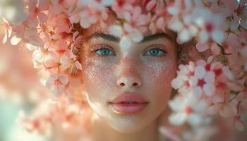 ai gerado retrato do uma bonita menina com uma Primavera flor guirlanda em dela cabeça. foto