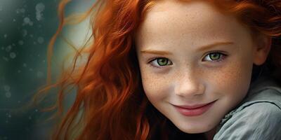 ai gerado retrato do uma menina com vermelho cabelo e sardas. foto