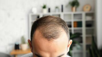 ai gerado estressado homem de negocios obteve cabelo perda , fino cabelo . cabelo problema . foto