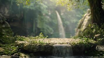 ai gerado Rocha pódio para produtos mostruário com fantasia natural cena . foto