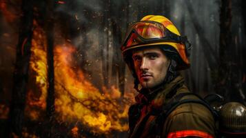 ai gerado retrato do bombeiro com incêndios desastre em fundo . foto