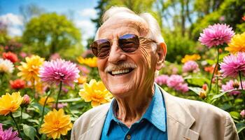 ai gerado a Senior homem vestindo oculos de sol e camisa. ele é em pé dentro uma jardim com flores em torno da ele, generativo ai foto