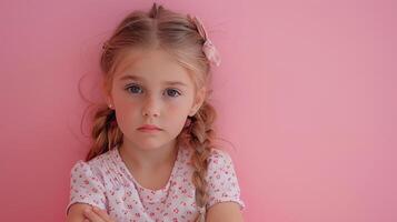 ai gerado retrato do pequeno menina triste em pastel Rosa fundo foto