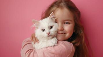 ai gerado pequeno menina abraçando seu pequeno gato em pastel Rosa fundo foto