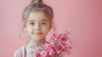 ai gerado pequeno menina com uma ramalhete do Rosa flores em pastel Rosa fundo foto