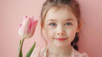 ai gerado pequeno menina com uma Rosa tulipa flor em pastel Rosa fundo foto